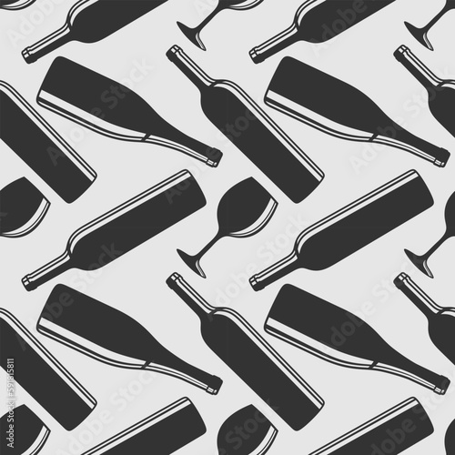 Wine House seamless pattern with wine bottles and wine glasses. Vector illustration