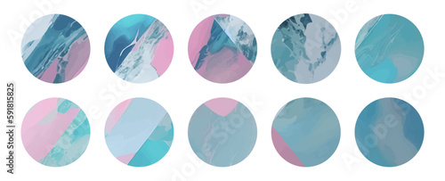 Set of abstract round stickers with blue and pink marble textures. Collection aesthetic ig highlight stories covers backgrounds. Artificial marbling decor. Design for beauty shop, makeup, cosmetics
