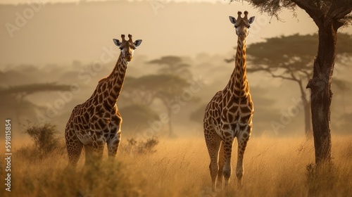 Pair of giraffes standing in the savannah. Generative AI © bomoge.pl
