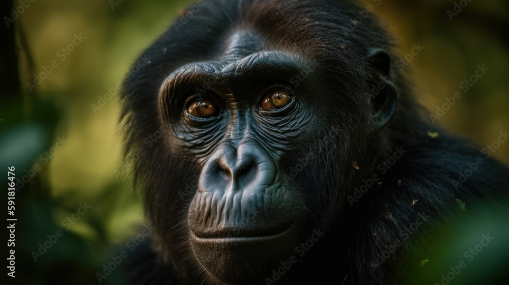 Close-up of a gorilla's face in the jungle. Generative AI Close-up of a gorilla's face in the jungle. Generative AI