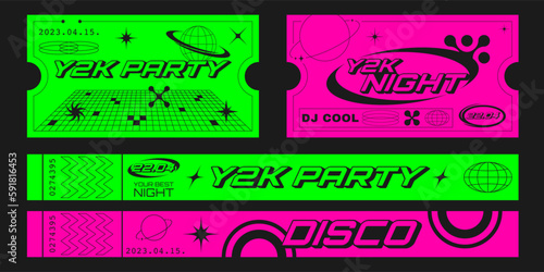 Retro party tickets and control bracelets template with futuristic elements. Y2k aesthetic design.	