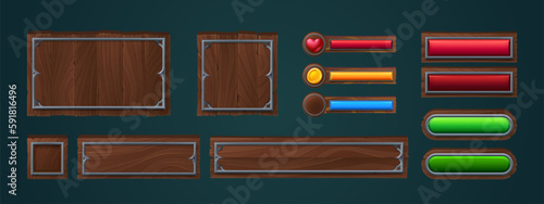 Cartoon set of wooden frames and buttons for game ui design. Vector illustration of old square and rectangular boards with iron border, progress bars with heart and coin icons isolated on background