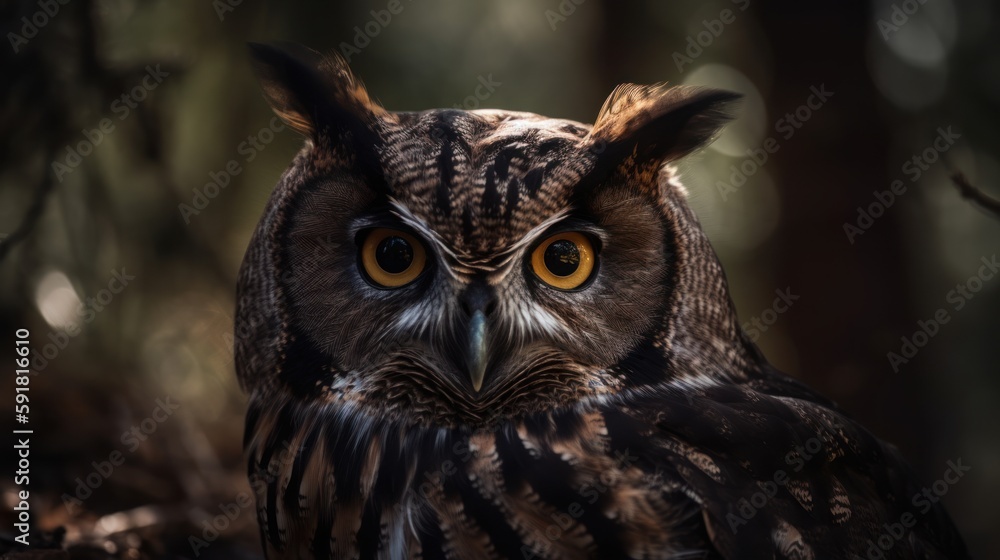 Close-up of an owl's face in the forest. Generative AI Close-up of an owl's face in the forest. Generative AI
