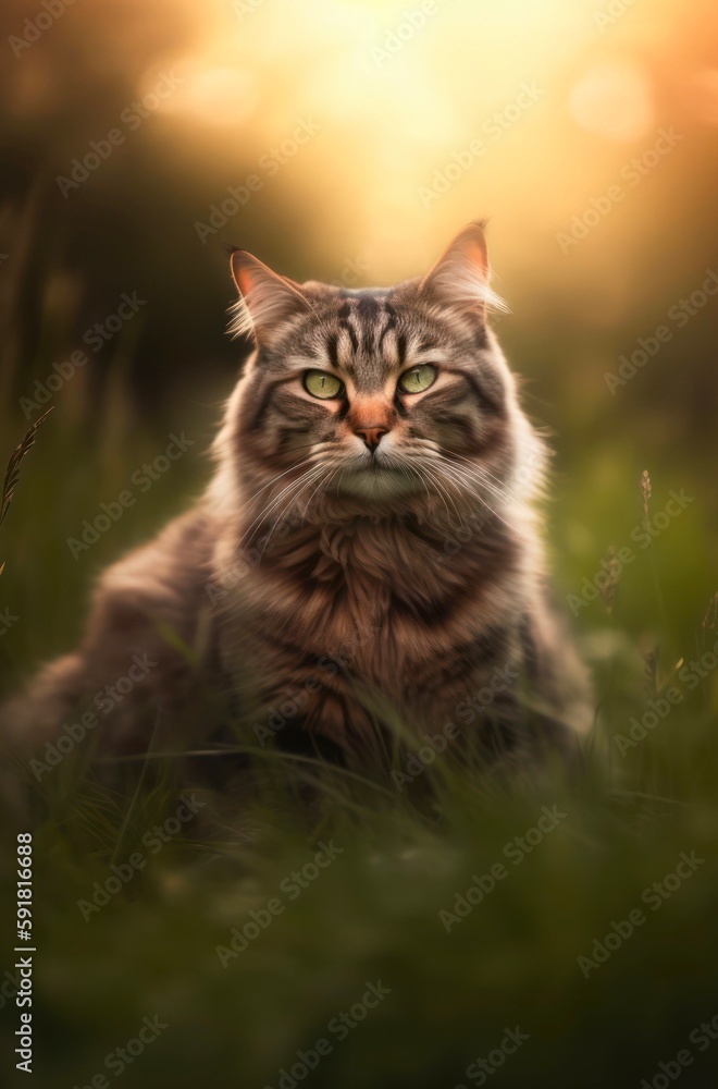 Fluffy tabby gray cat sits on the grass outdoor. Generative AI.