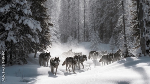 Pack of wolves running through a snowy forest. Generative AI