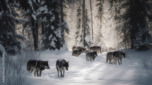 Pack of wolves running through a snowy forest. Generative AI