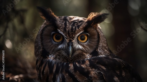 Close-up of an owl's face in the forest. Generative AI