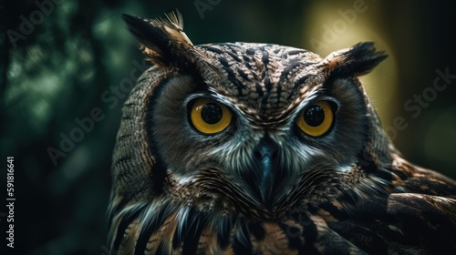 Close-up of an owl s face in the forest. Generative AI
