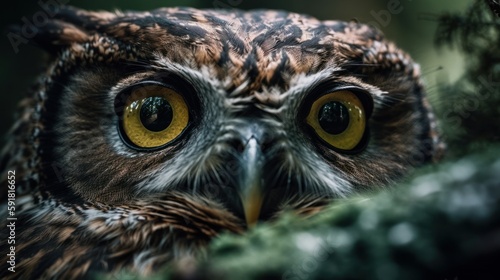 Close-up of an owl's face in the forest. Generative AI © bomoge.pl