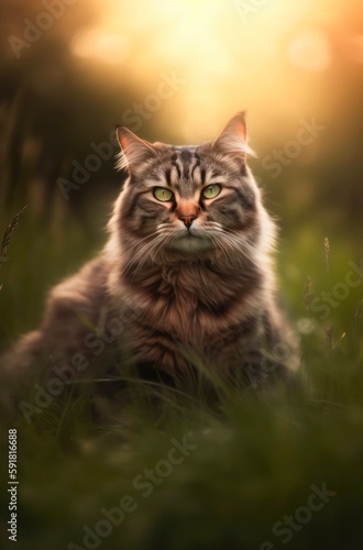 Fluffy tabby gray cat sits on the grass outdoor. Generative AI.