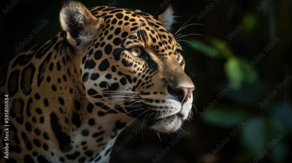 Close-up of a jaguar's face in the forest. Generative AI Close-up of a jaguar's face in the forest. Generative AI