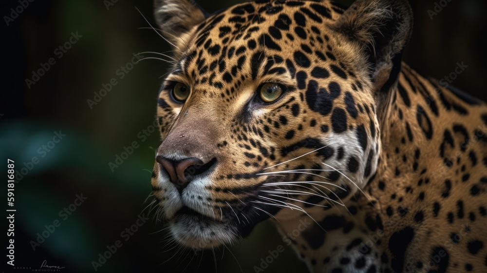 Close-up of a jaguar's face in the forest. Generative AI Close-up of a jaguar's face in the forest. Generative AI