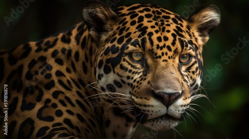 Close-up of a jaguar's face in the forest. Generative AI