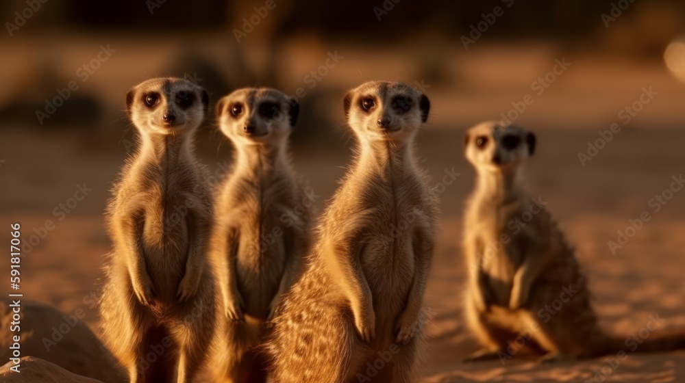Group of meerkats standing on their hind legs in the desert. Generative AI Group of meerkats standing on their hind legs in the desert. Generative AI