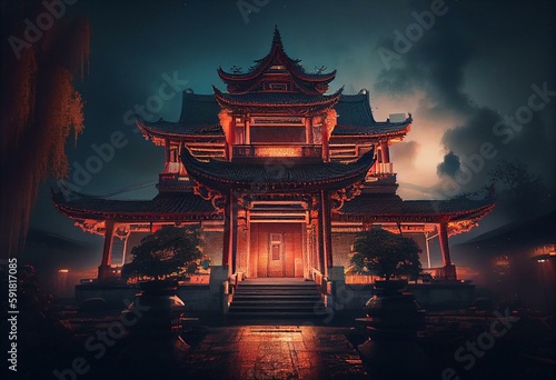 the way to heaven kingdom with light glow behind, Chinese traditional style building Generative Ai