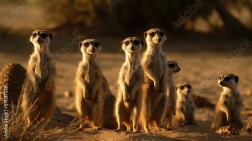 Group of meerkats standing on their hind legs in the desert. Generative AI