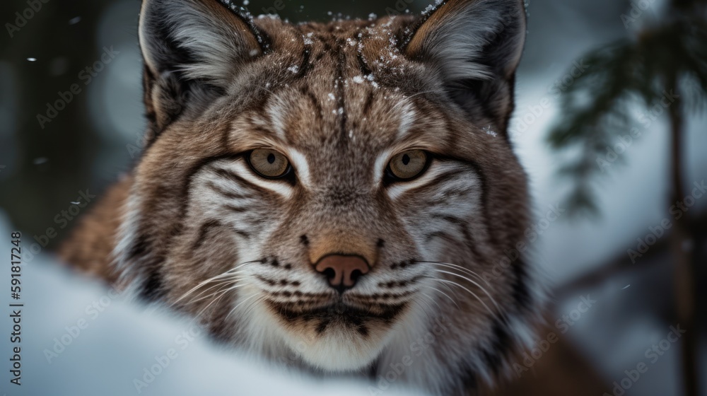 Close-up of a lynx's face in the snowy forest. Generative AI Close-up of a lynx's face in the snowy forest. Generative AI