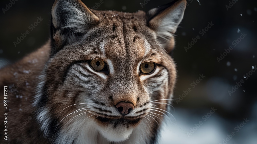 Close-up of a lynx's face in the snowy forest. Generative AI