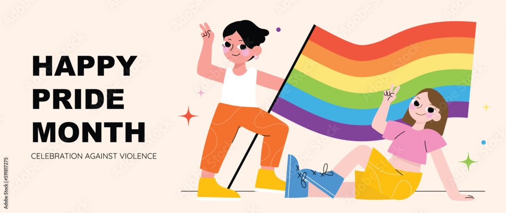 Happy Pride month background. LGBTQ community symbols with man and woman, rainbow flag. Support design for celebration against violence, bisexual, transgender, gender equality, rights concept. Happy Pride month background. LGBTQ community symbols with man and woman, rainbow flag. Support design for celebration against violence, bisexual, transgender, gender equality, rights concept.