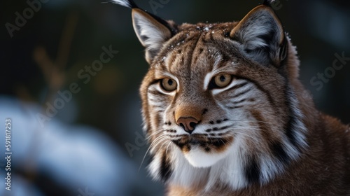 Close-up of a lynx's face in the snowy forest. Generative AI