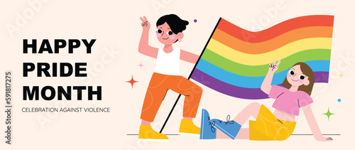 Happy Pride month background. LGBTQ community symbols with man and woman, rainbow flag. Support design for celebration against violence, bisexual, transgender, gender equality, rights concept.