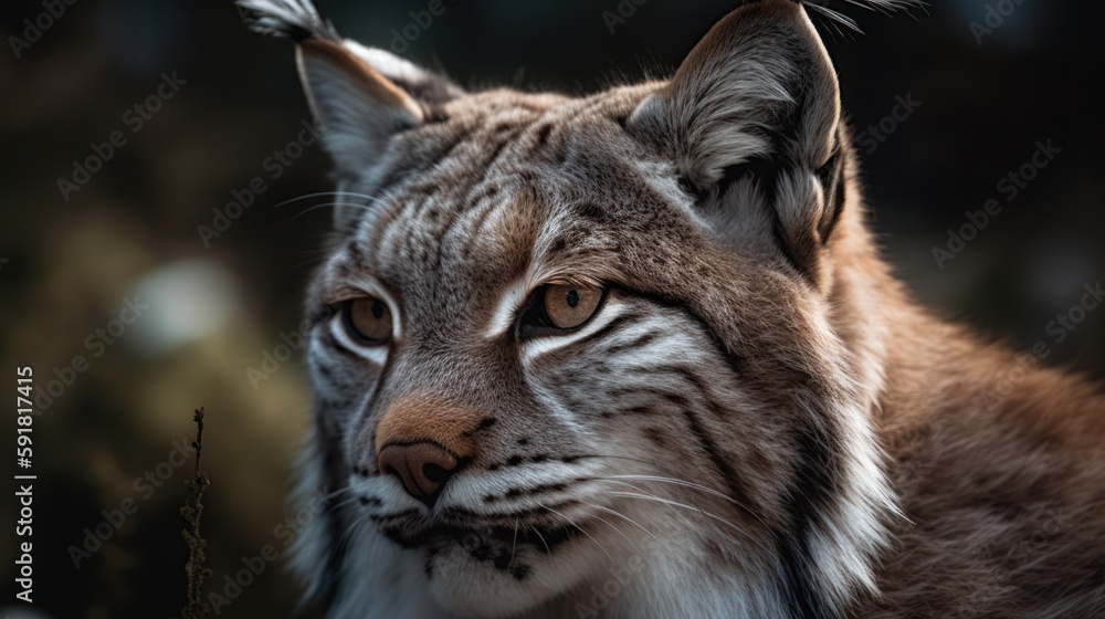 Close-up of a lynx's face in the snowy forest. Generative AI Close-up of a lynx's face in the snowy forest. Generative AI