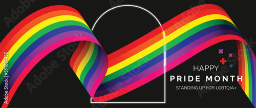 Happy Pride month background. LGBTQ community symbols with rainbow, ribbon, light frame, sparkle. Design for celebration against violence, bisexual, transgender, gender equality, rights concept.