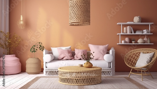 Boho cozy living room design, bright wall mockup, 3d render, 3d illustration,Generative Ai