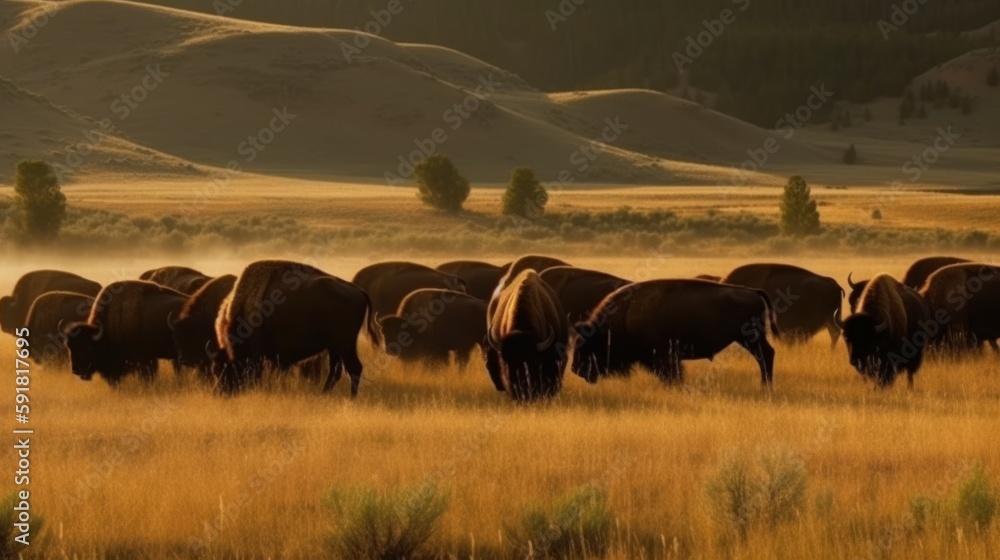 Group of bison grazing in a green valley. Generative AI