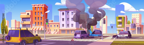 Car accident on city road cartoon illustration. Drive crash with hood damage. Intersection with two vehicle danger collision. Highway with broken transport scene. Police automobile in town near crime