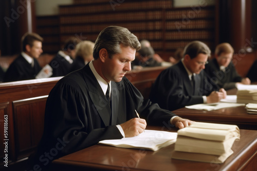 Judge and lawyers in a courtroom, working against crimes. Generate by ai