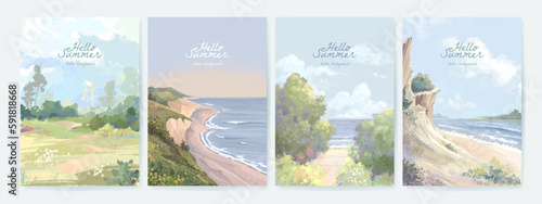 Set of hand drawn vector landscape background. Beautiful illustration of summer beach, field and hills. Summer holidays poster or banner design template