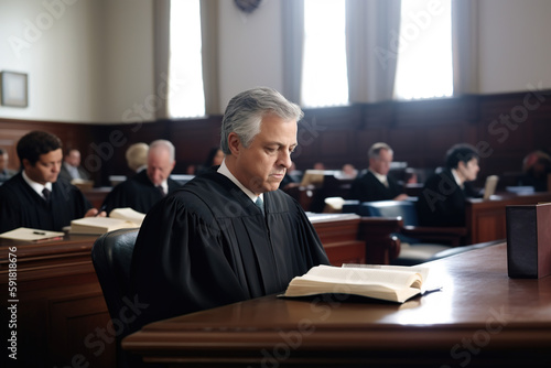 Judge and lawyers in a courtroom, working against crimes. Generate by ai