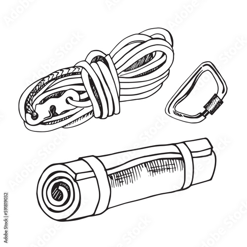 doodle icons. climbing equipment. Maat, carabiner, sleeping mat. vector illustration. hand drawn sketch