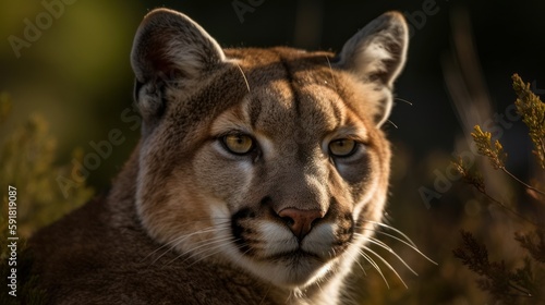 Close-up of a puma's face in the forest. Generative AI