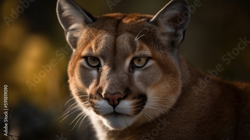 Close-up of a puma's face in the forest. Generative AI