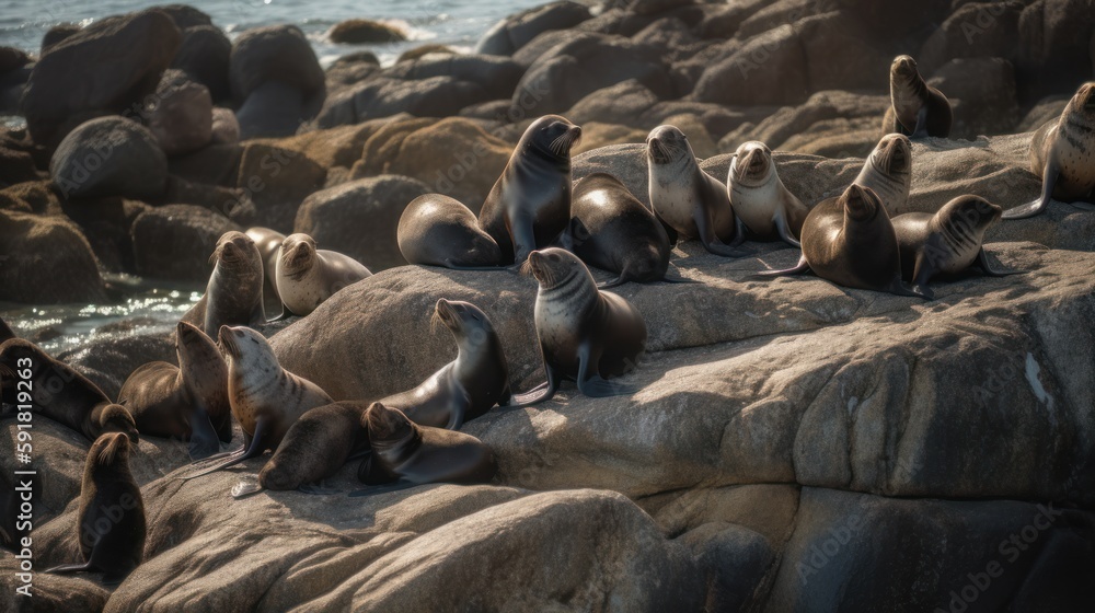 Fototapeta premium Group of seals sunbathing on a rock in the sea. Generative AI