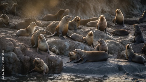 Group of seals sunbathing on a rock in the sea. Generative AI © bomoge.pl