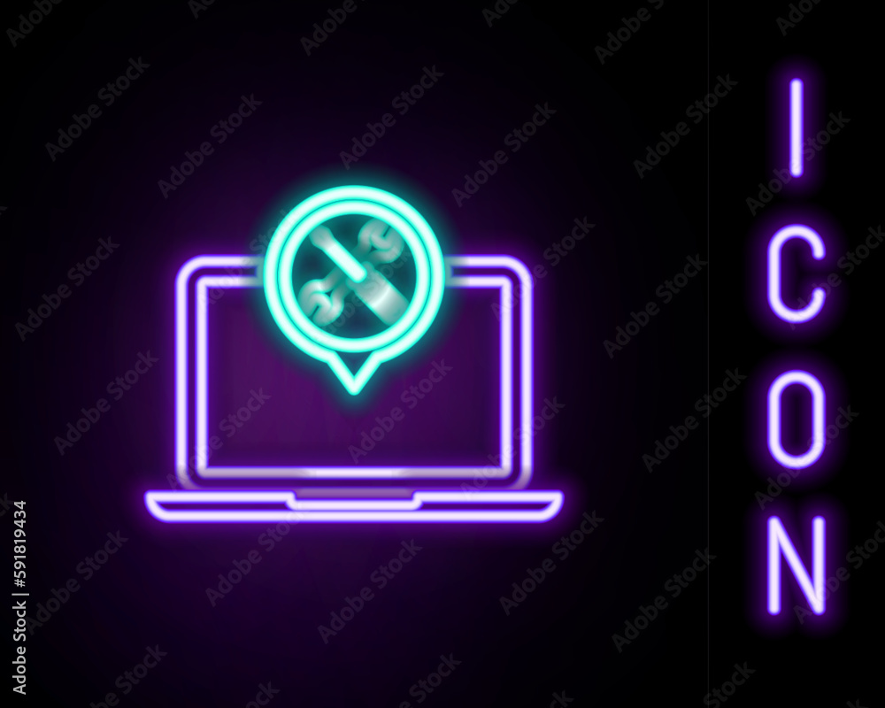 Glowing neon line Laptop with screwdriver and wrench icon isolated on black background. Adjusting, service, setting, maintenance, repair, fixing. Colorful outline concept. Vector Glowing neon line Laptop with screwdriver and wrench icon isolated on black background. Adjusting, service, setting, maintenance, repair, fixing. Colorful outline concept. Vector