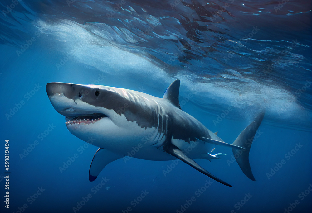 Fototapeta premium Great White Shark Big Fish Predator Carcharodon Carcharias Majestic Aggressive Shark Deep Blue Sea Ocean