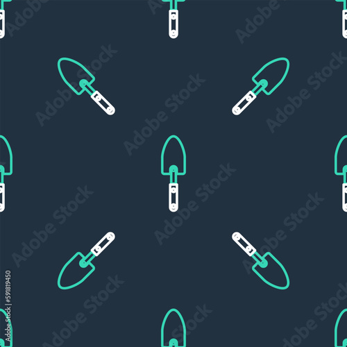 Line Garden trowel spade or shovel icon isolated seamless pattern on black background. Gardening tool. Tool for horticulture, agriculture, farming. Vector