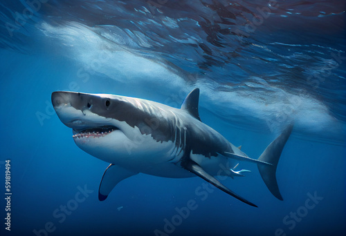 Great White Shark Big Fish Predator Carcharodon Carcharias Majestic Aggressive Shark Deep Blue Sea Ocean
