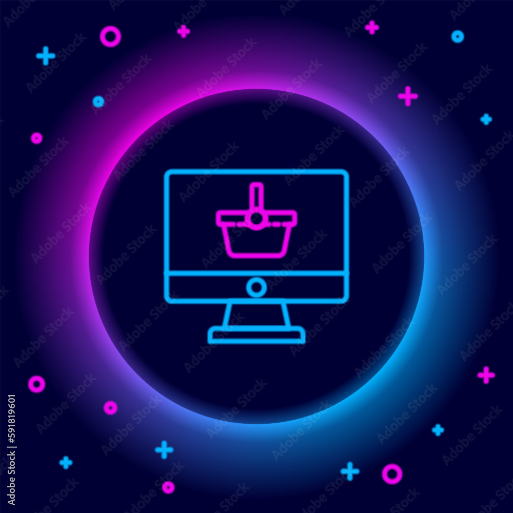 Glowing neon line Computer monitor with shopping basket icon isolated on black background. Online Shopping cart. Supermarket basket symbol. Colorful outline concept. Vector Glowing neon line Computer monitor with shopping basket icon isolated on black background. Online Shopping cart. Supermarket basket symbol. Colorful outline concept. Vector