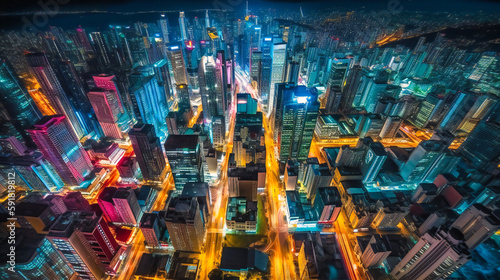 A spectacular top aerial view of a vibrant cityscape at night, presenting a dazzling display of lights and architecture