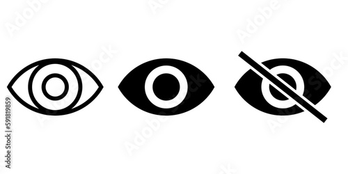 Eye icon set. Hidden icon, visible Invisible icon. Look and Vision Hide Unhide symbol. human eye, magic Eye cross symbol. sencitive content See unsee incognito mood blind sign.