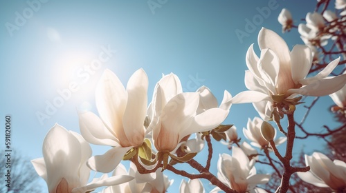 blooming magnolia on the background of the blue sky with the sun. generative ai photo