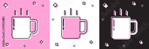 Set Coffee cup icon isolated on pink and white, black background. Tea cup. Hot drink coffee. Vector