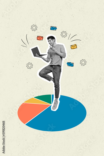 Fotografie Collage of young beginner businessman try explain his investors market situation