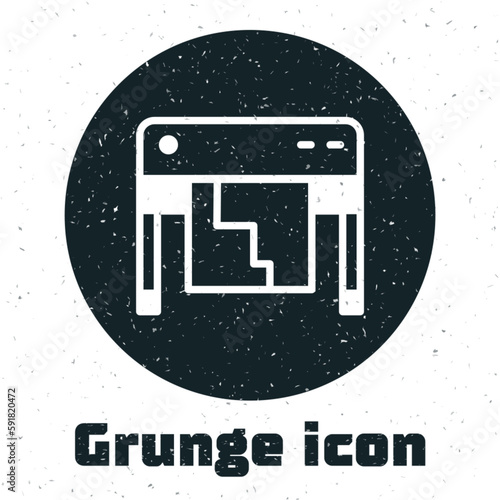 Grunge Plotter icon isolated on white background. Large format multifunction printer. Polygraphy, printshop service. Monochrome vintage drawing. Vector