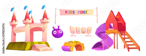 Kids playground park with ball and children slide vector cartoon set. Summer kindergarten inflatable castle for playtime schoolyard area isolated clipart on white background. Preschool activity